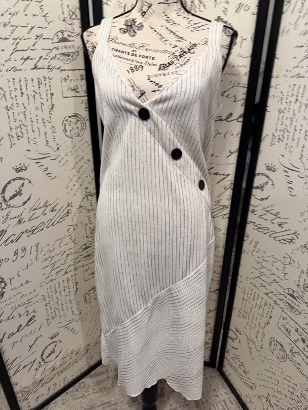 Zara White Pinstripe Midi Dress with Black Button Detail
